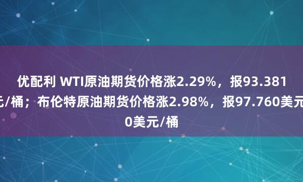 优配利 WTI原油期货价格涨2.29%，报93.381美元/桶；布伦特原油期货价格涨2.98%，报97.760美元/桶